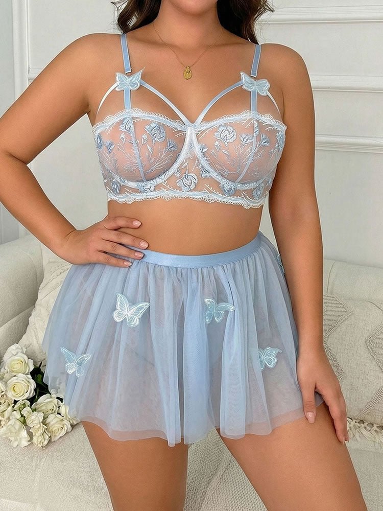 Plus Size Sheer Blue Lingerie Set with Butterfly Applique - Late Night Lingerie
