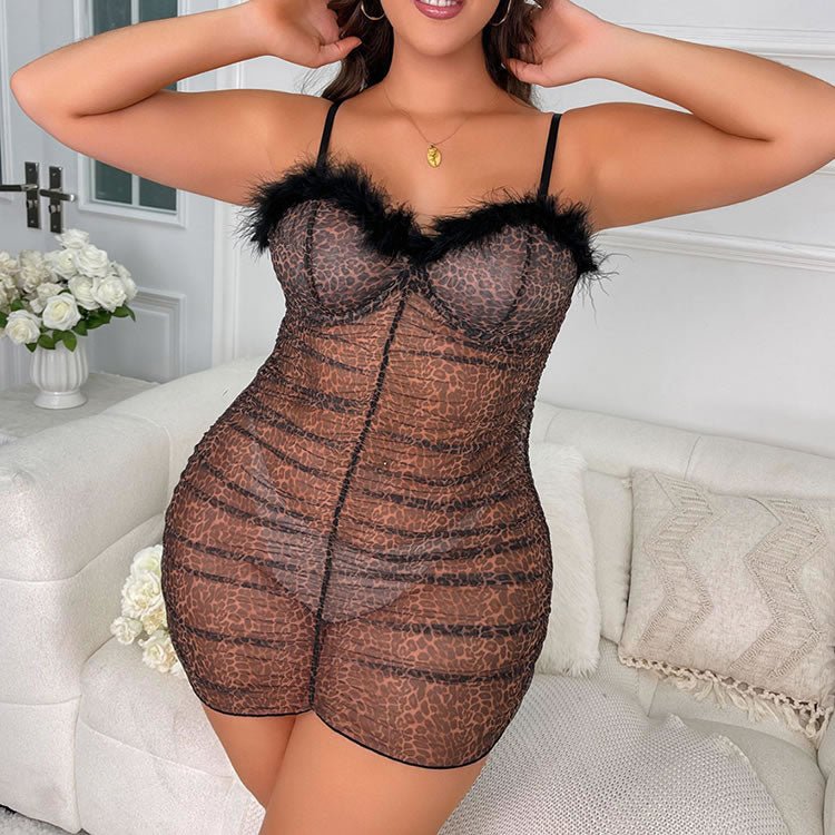Plus Size Sheer Leopard Print Babydoll Lingerie with Feather Trim - Late Night Lingerie