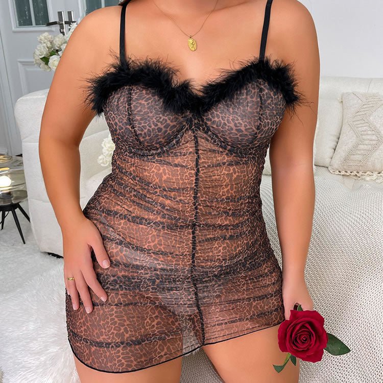 Plus Size Sheer Leopard Print Babydoll Lingerie with Feather Trim - Late Night Lingerie
