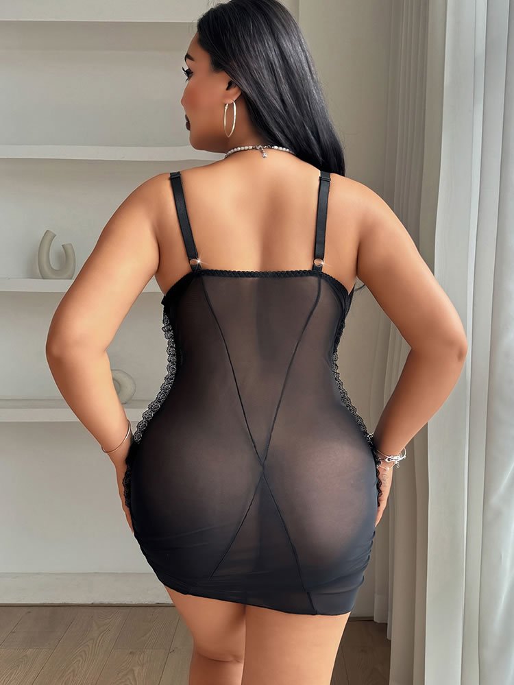 Plus Size Sheer Mesh Chemise with Floral Embroidery and Lace Trim - Late Night Lingerie