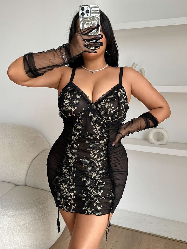 Plus Size Sheer Mesh Chemise with Floral Embroidery and Lace Trim - Late Night Lingerie