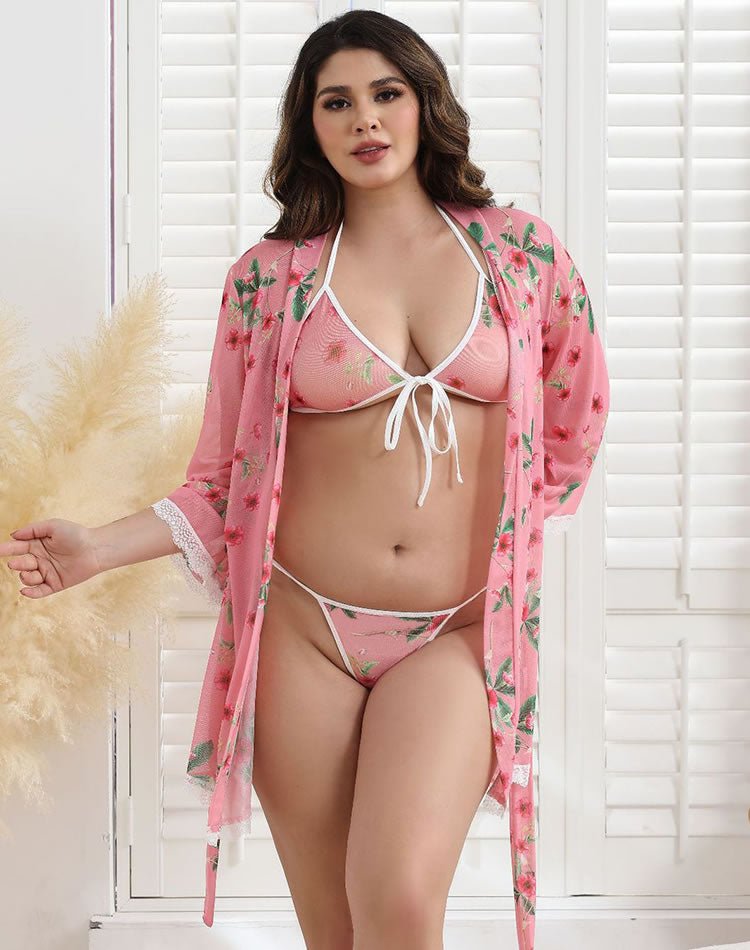 Plus Size Women's Kimono Robe Babydoll Lingerie Mesh Nightgown - Late Night Lingerie