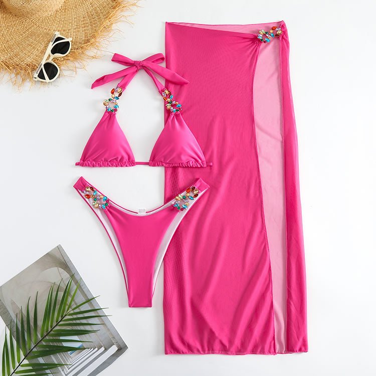 Poolside Sipping Rhinestone Hardware 3 Piece Bikini - Late Night Lingerie