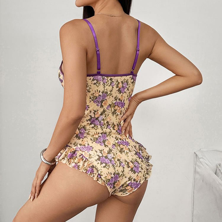Purple Floral Print Corset Bodysuit with Ruffle Hem - Late Night Lingerie