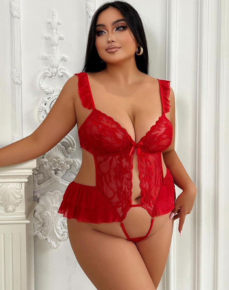 Plus Size Red Lace Babydoll with Ruffled Straps
