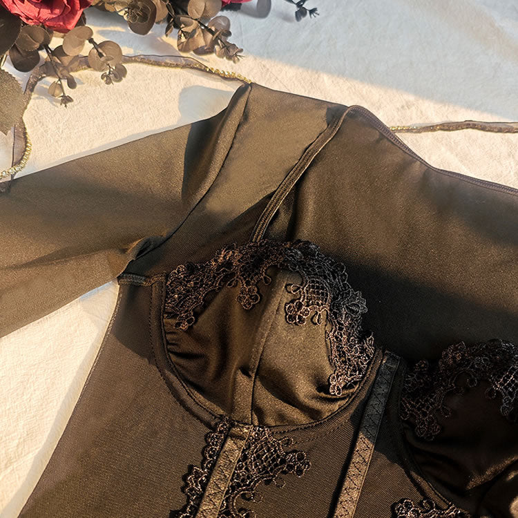 Black Long Sleeve Bodysuit with Lace Trim