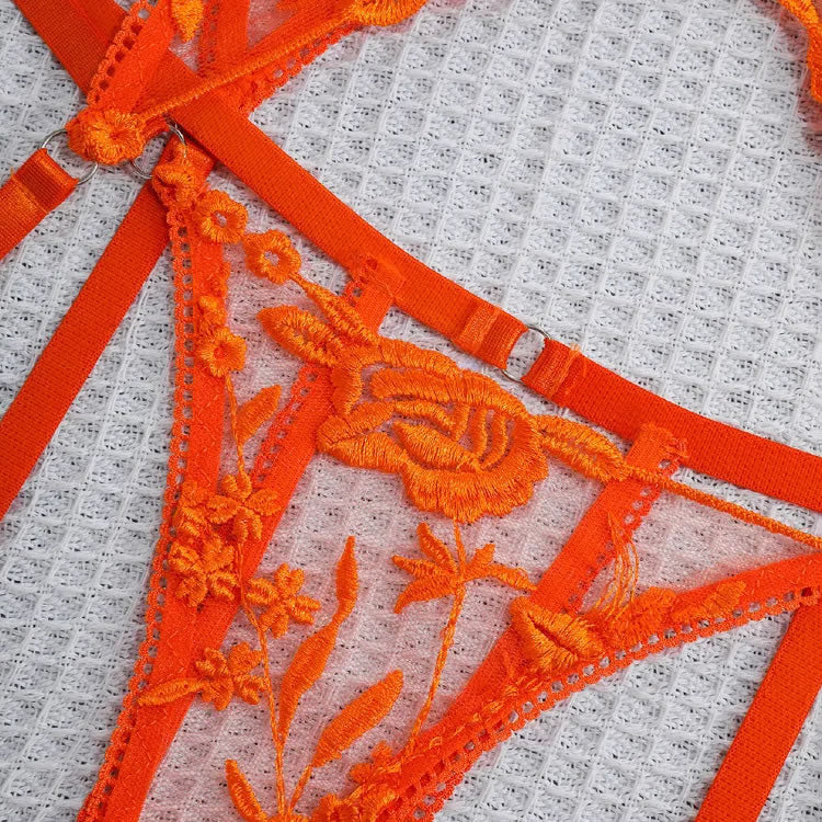 Orange Lace Bra and Thong Set with Garter Straps