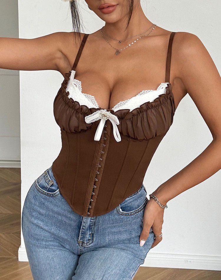 Romantic Brown Corset Top with White Lace - Late Night Lingerie
