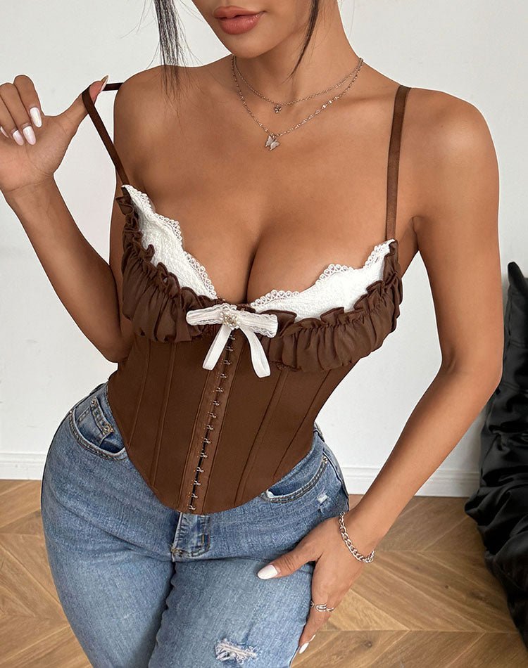 Romantic Brown Corset Top with White Lace - Late Night Lingerie