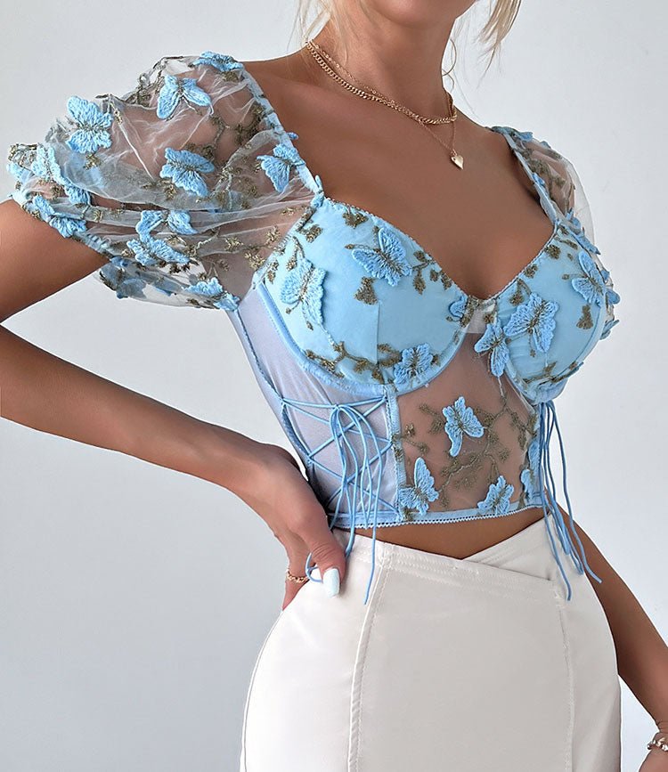 Romantic Sky Blue Lace-Up Corset Top - Late Night Lingerie