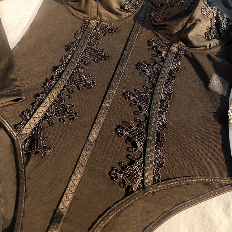 Black Long Sleeve Bodysuit with Lace Trim