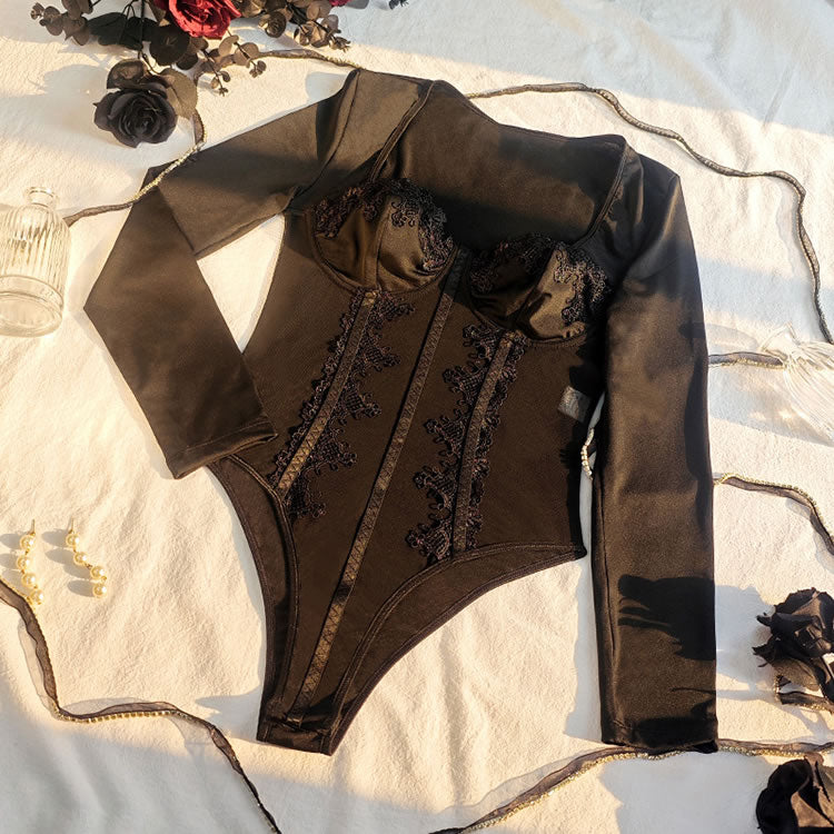 Black Long Sleeve Bodysuit with Lace Trim