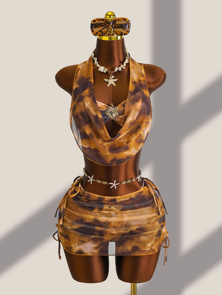Brown Tie-Dye 3-Piece Bikini Set with Sheer Skirt
