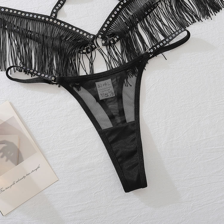Seductive Black Sheer Lingerie Ensemble with Fringe Accents - Late Night Lingerie