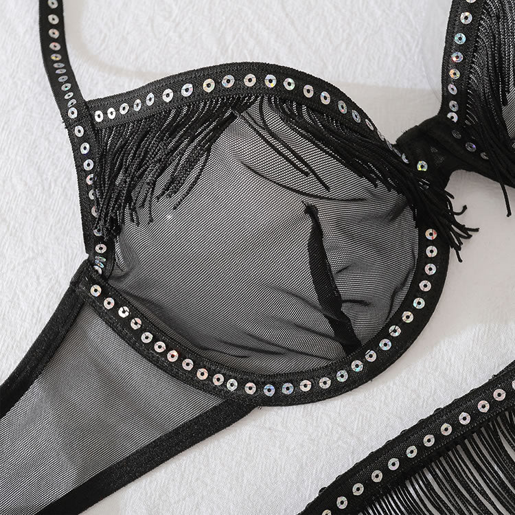 Seductive Black Sheer Lingerie Ensemble with Fringe Accents - Late Night Lingerie