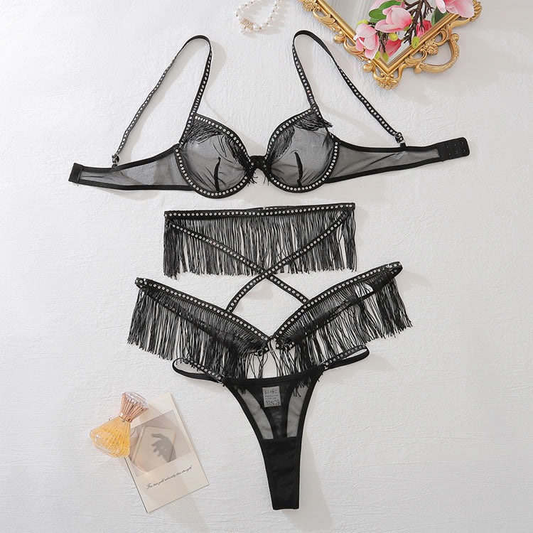 Seductive Black Sheer Lingerie Ensemble with Fringe Accents - Late Night Lingerie