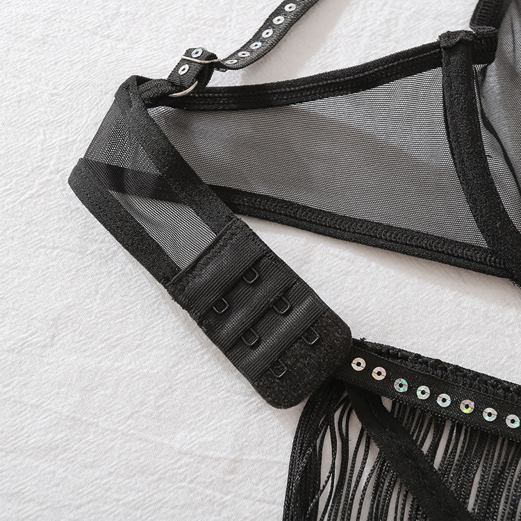 Seductive Black Sheer Lingerie Ensemble with Fringe Accents - Late Night Lingerie