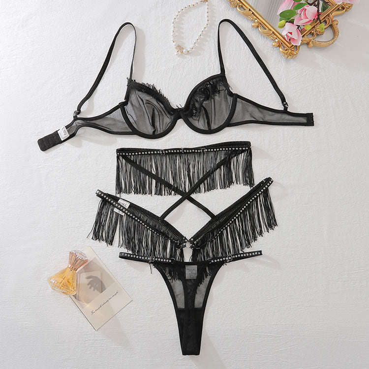 Seductive Black Sheer Lingerie Ensemble with Fringe Accents - Late Night Lingerie