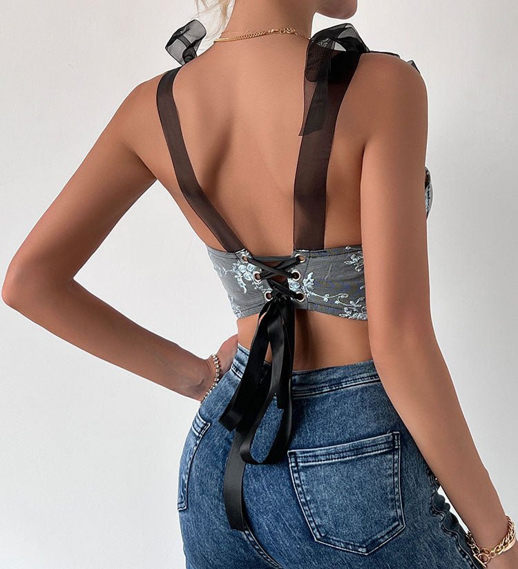 Seductive Floral Bustier with Sheer Straps - Late Night Lingerie