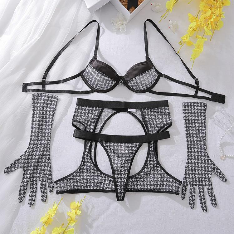 Seductive Houndstooth Ensemble with Cut-Out Details - Late Night Lingerie