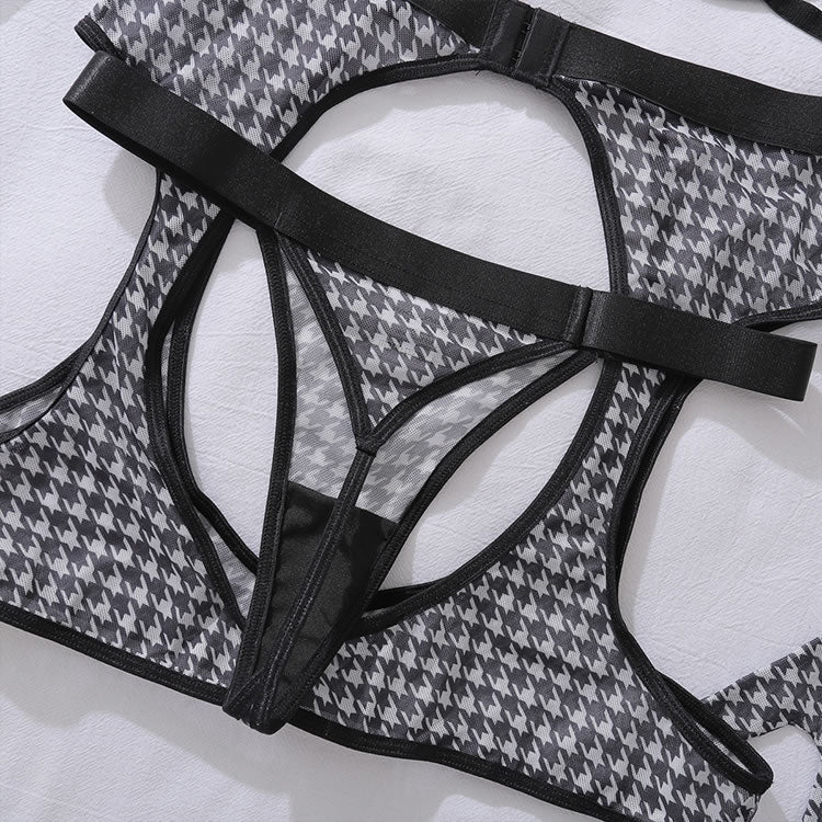 Seductive Houndstooth Ensemble with Cut-Out Details - Late Night Lingerie