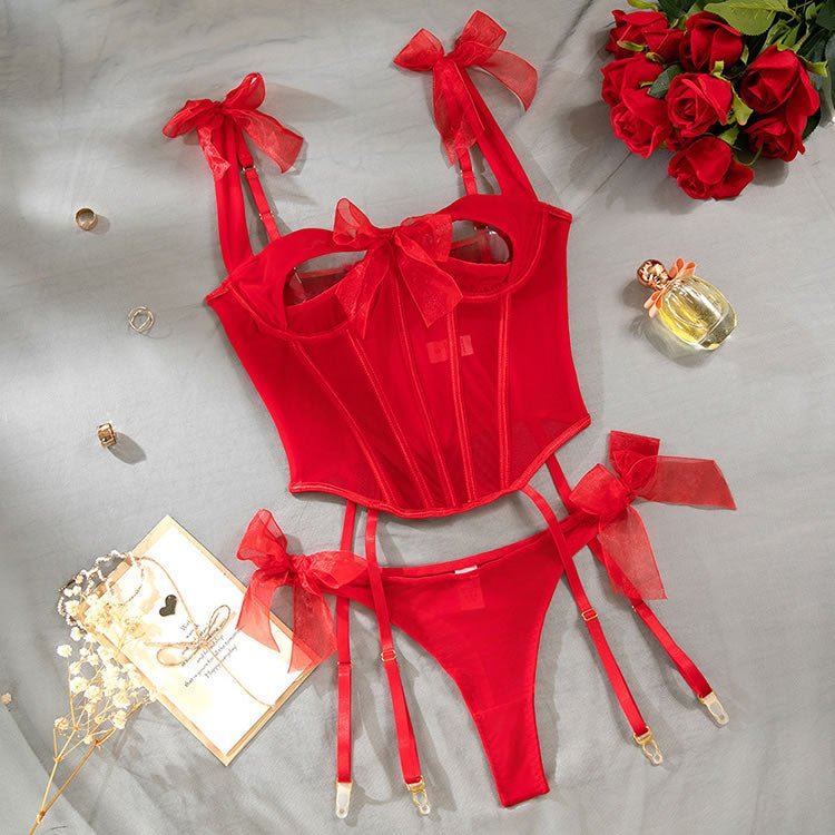Seductive Red Lingerie Set with Elegant Bows - Late Night Lingerie