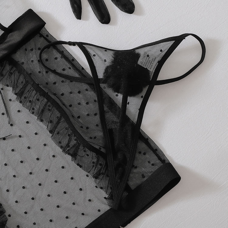 Sexy Black Lace-Up Corset Chemise with Matching Thong and Ruffle Gloves - Late Night Lingerie