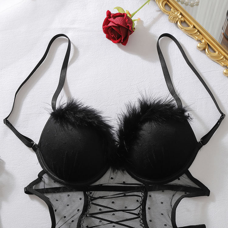 Sexy Black Lace-Up Corset Chemise with Matching Thong and Ruffle Gloves - Late Night Lingerie