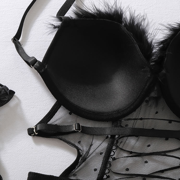 Sexy Black Lace-Up Corset Chemise with Matching Thong and Ruffle Gloves - Late Night Lingerie