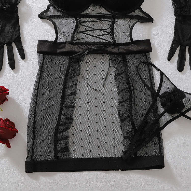 Sexy Black Lace-Up Corset Chemise with Matching Thong and Ruffle Gloves - Late Night Lingerie