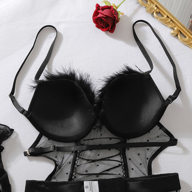 Sexy Black Lace-Up Corset Chemise with Matching Thong and Ruffle Gloves - Late Night Lingerie