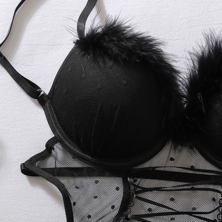 Sexy Black Lace-Up Corset Chemise with Matching Thong and Ruffle Gloves - Late Night Lingerie