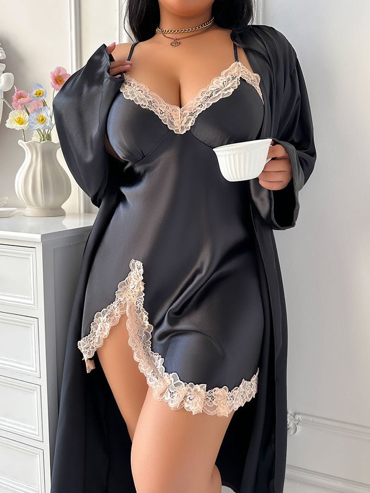 Sexy Black Satin Nightgown with Matching Robe - Late Night Lingerie