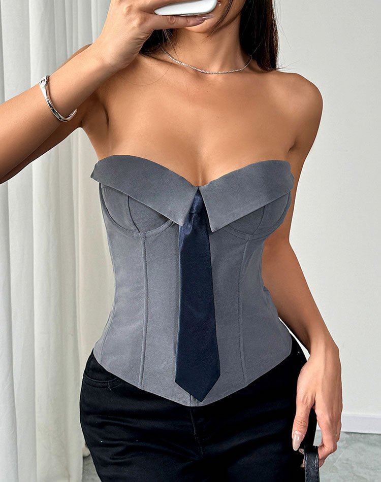 Stunning Grey Corset Top with Navy Tie - Late Night Lingerie