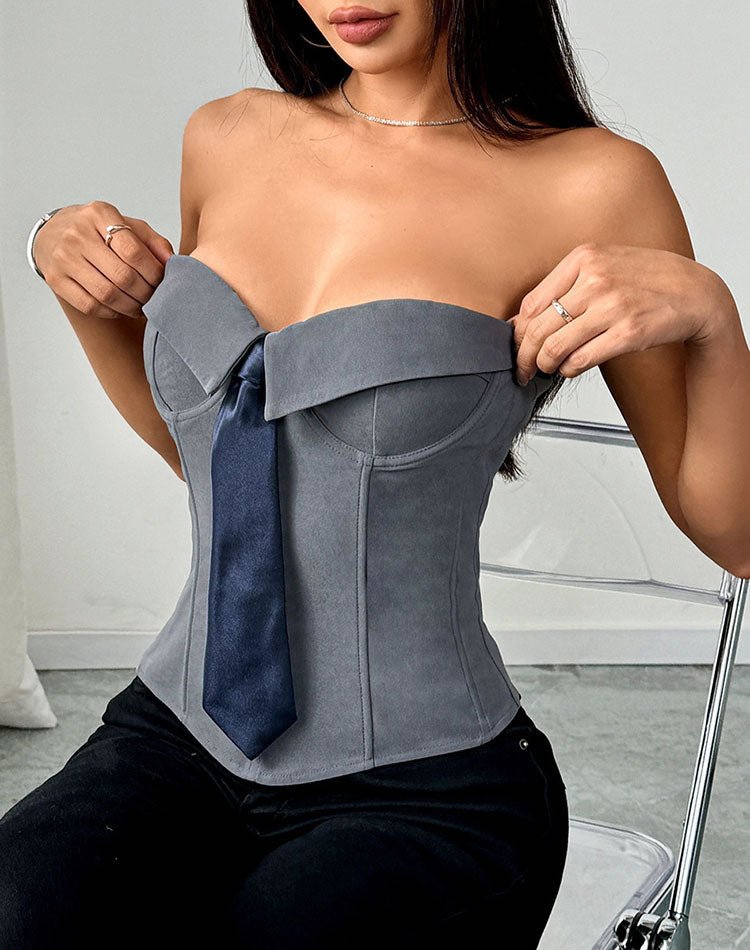 Stunning Grey Corset Top with Navy Tie - Late Night Lingerie