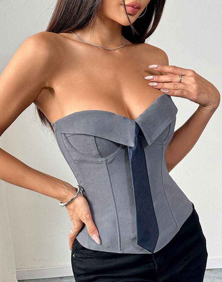 Stunning Grey Corset Top with Navy Tie - Late Night Lingerie