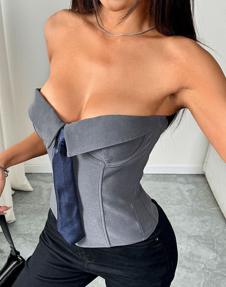 Stunning Grey Corset Top with Navy Tie - Late Night Lingerie