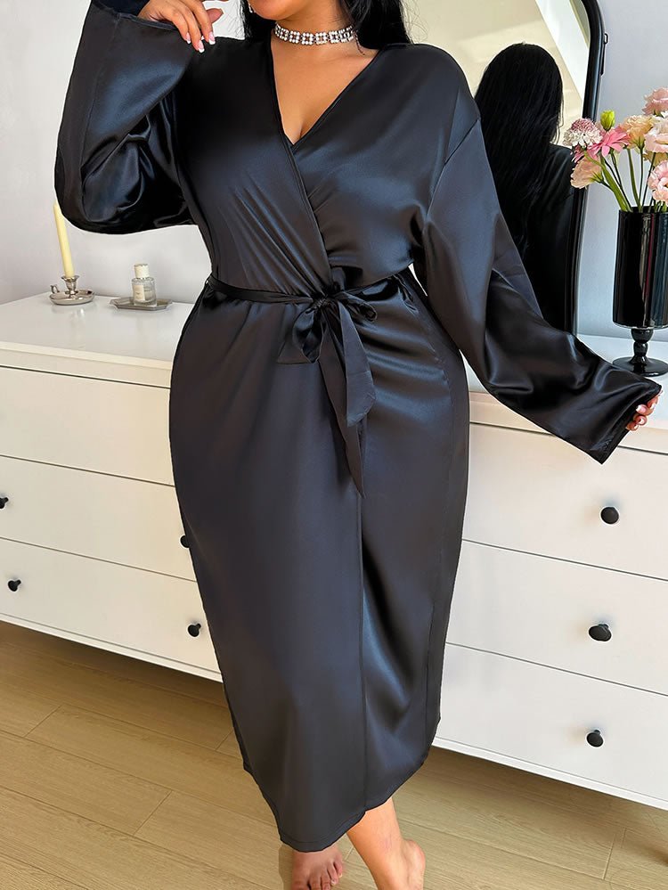 Stylish Black Satin Kimono with Long Sleeves - Late Night Lingerie