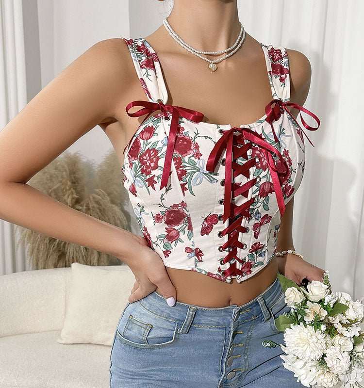 Stylish Floral Bustier with Lace-Up Front - Late Night Lingerie