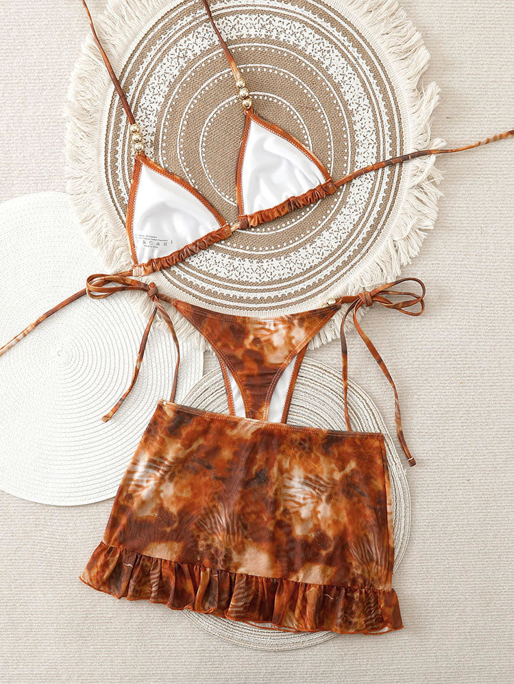 Brown Tie-Dye Halter Bikini with Ruffle Mini Skirt