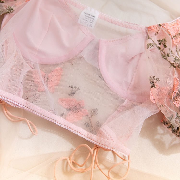 Sweet Floral Embroidery Lace Bra Set - Late Night Lingerie