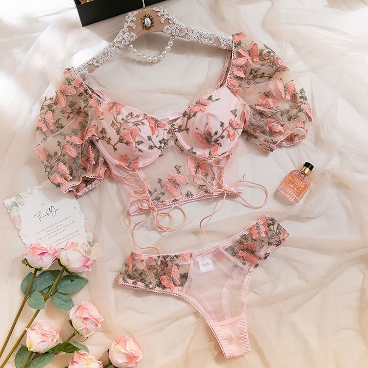 Sweet Floral Embroidery Lace Bra Set - Late Night Lingerie