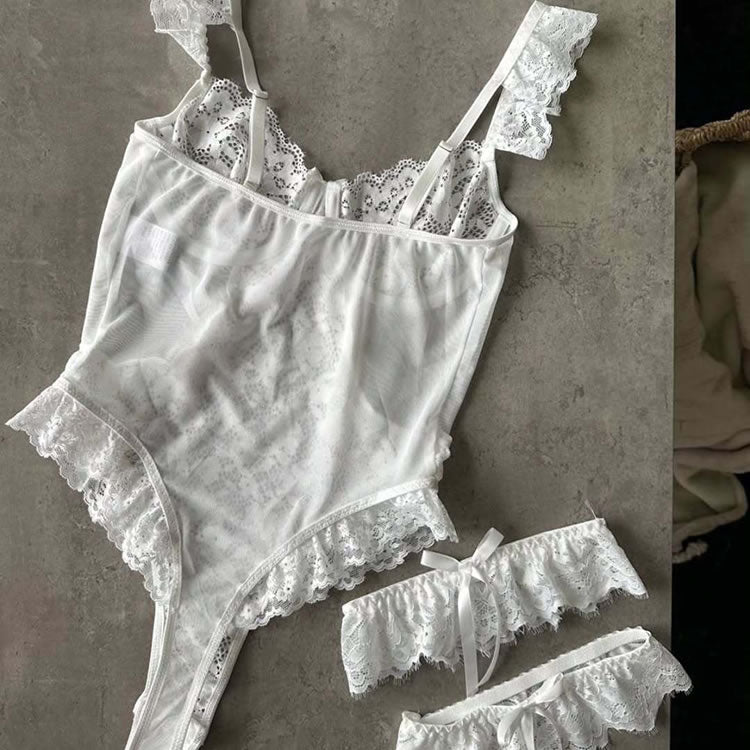 Playful White Lace Bodysuit with Bow Detail
