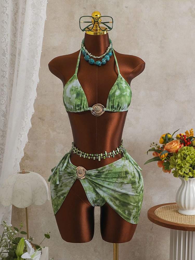 Tie-Dye Halter Bikini Set with Matching Sarong - Late Night Lingerie
