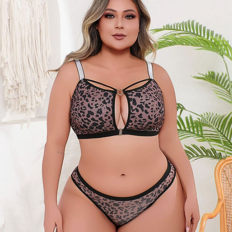 Plus Size Leopard Print Mesh Lingerie Set
