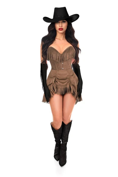 Top Drawer 4 PC Premium Tan Suede Fringe Cowgirl Corset Costume