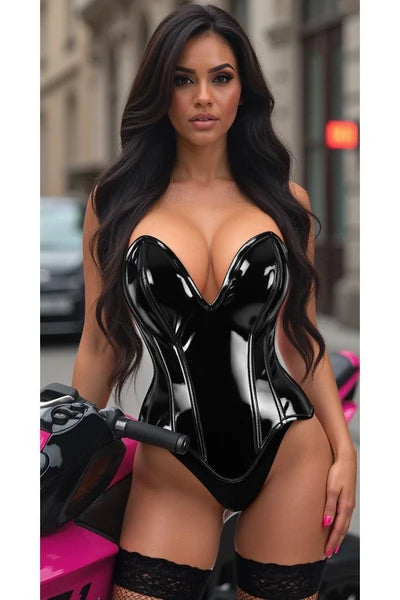Top Drawer Steel Boned Black Patent Plunge Neckline Overbust Corset