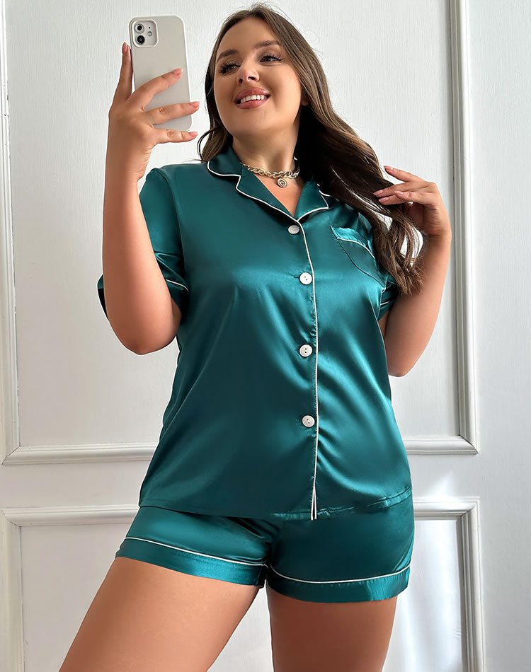 Trendy Teal Satin Button-Down Sleep Set - Late Night Lingerie