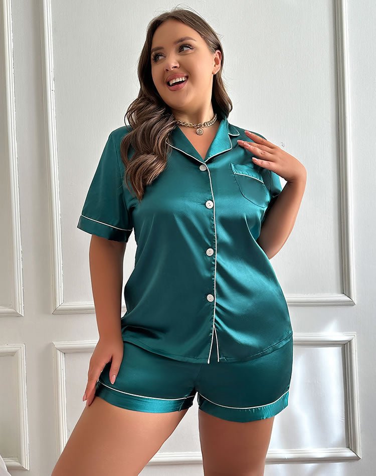 Trendy Teal Satin Button-Down Sleep Set - Late Night Lingerie