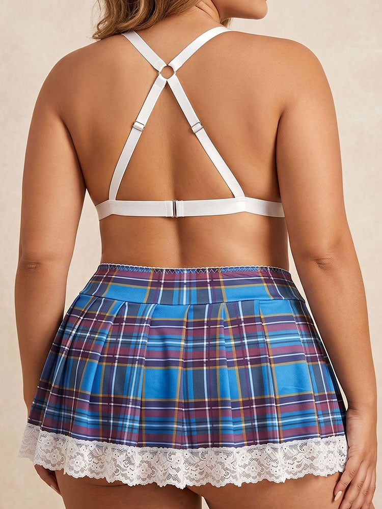 Plus Size Plaid Lace-Up Lingerie Set with Mini Skirt